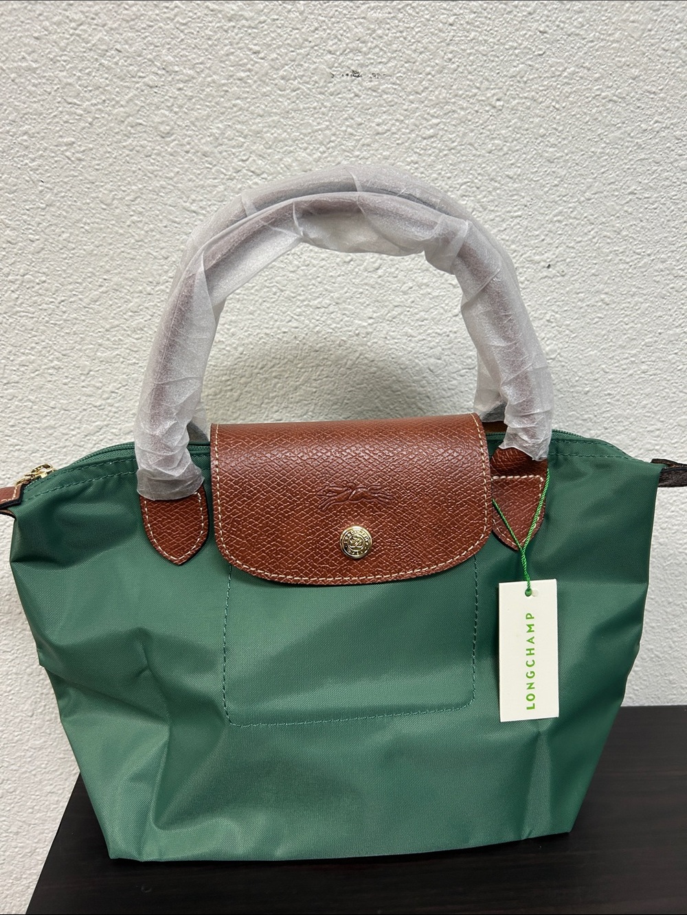 Longchamp Small Green Nylony Tote with Brown Leather Trim